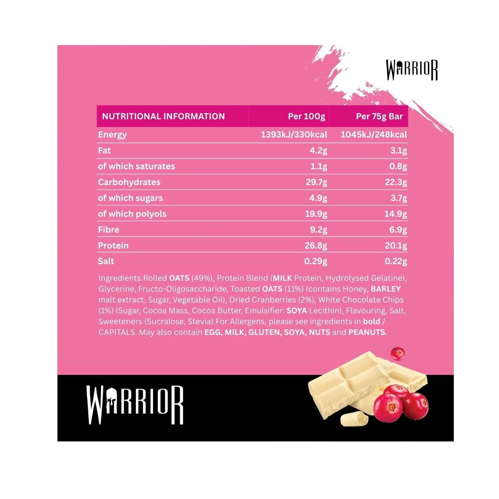 12x Warrior Raw Protein Bars Oat Bar Flapjacks,White Chocolate Cranberry 75g - Image 6