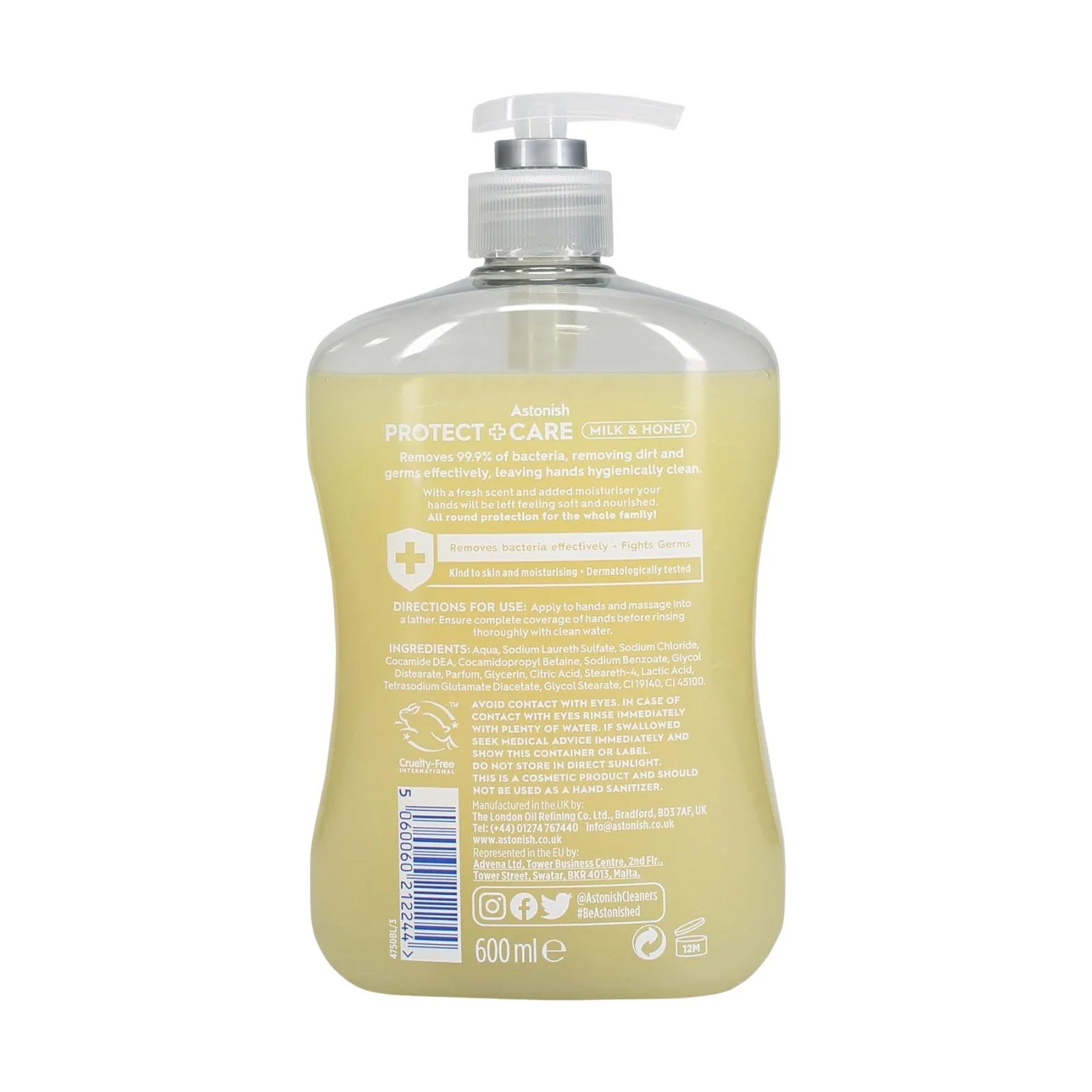Astonish Protect and Care Kind to Skin Moisturising Anti-Bacterial Hand Wash Soap, Milk and Honey 600ml - Image 2