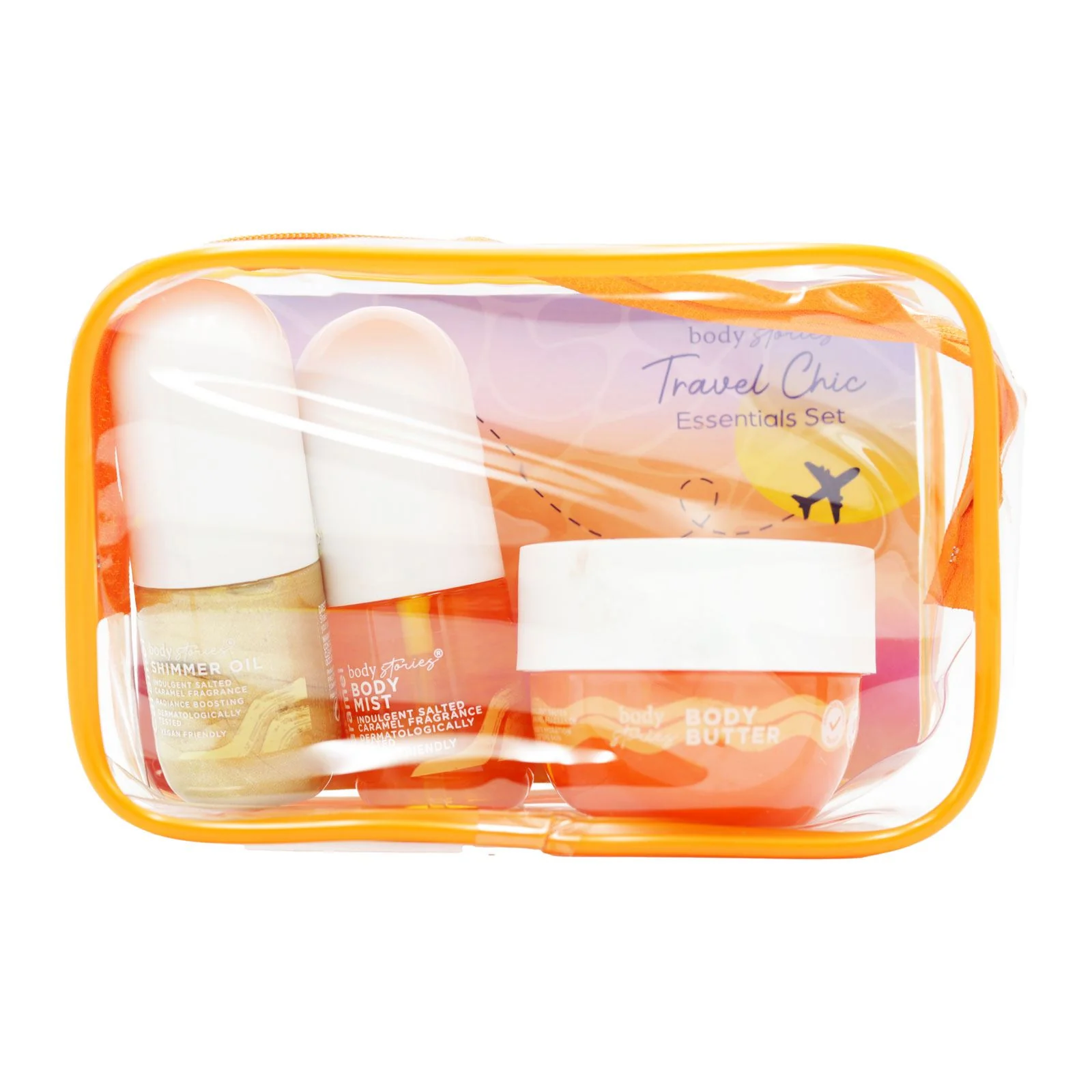 Body Stories Salted Caramel Travel Gift Set - Shimmer Oil, Body Mist, Body Butter