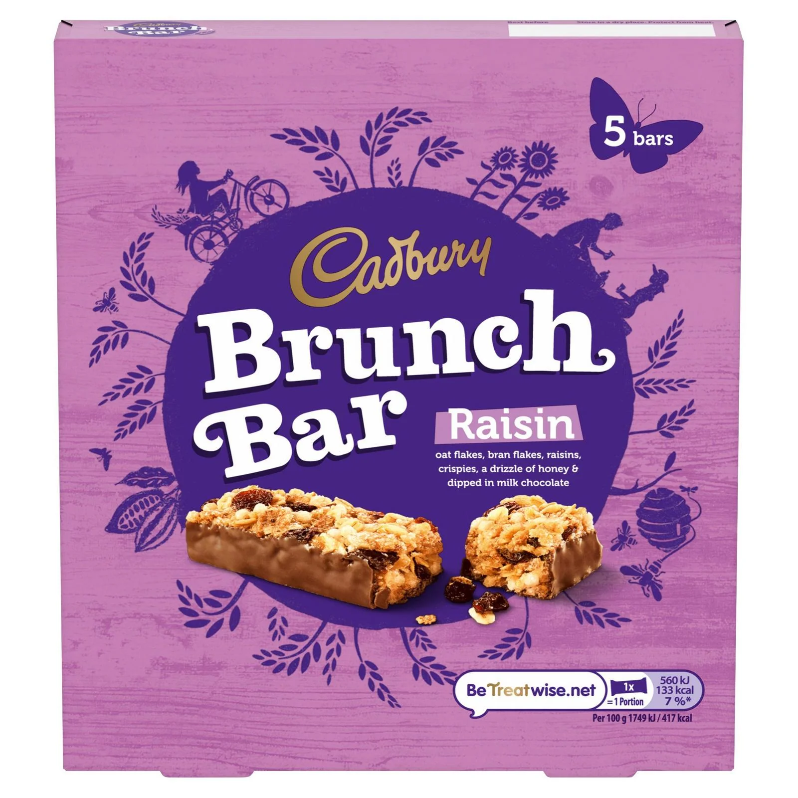 Cadbury Brunch Bar Raisin Milk Chocolate 5 Pack 140g (Box of 8)