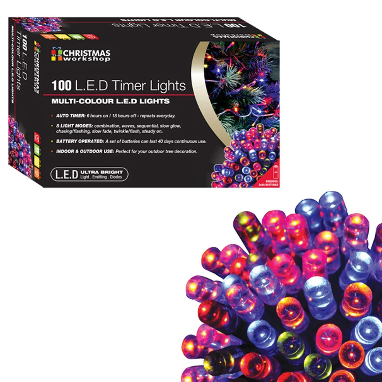 Christmas Lights Led Battery Operated Timer Multi Colour 100 Bulb