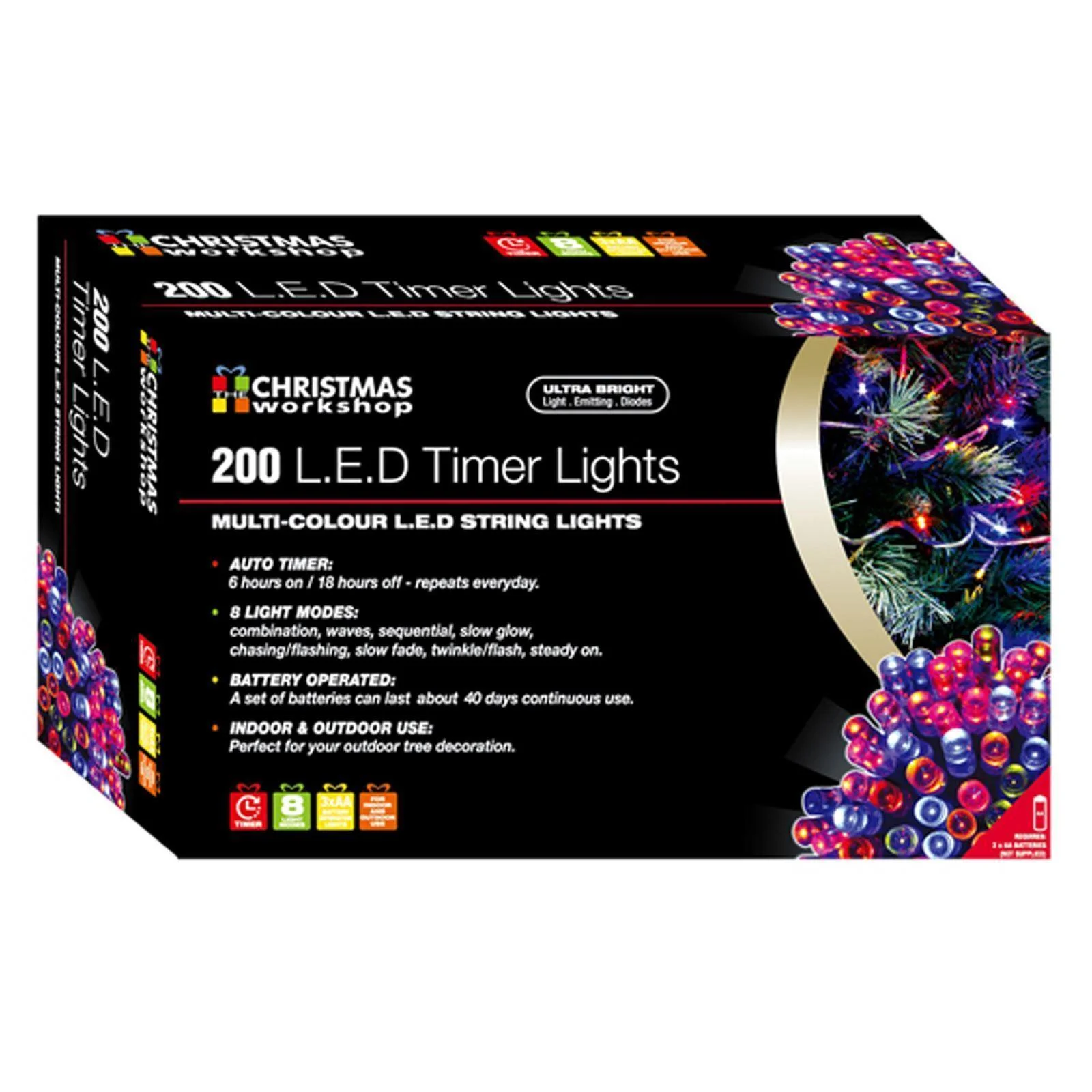 Christmas Lights Led Battery Operated Timer Multi Colour 200 Bulb