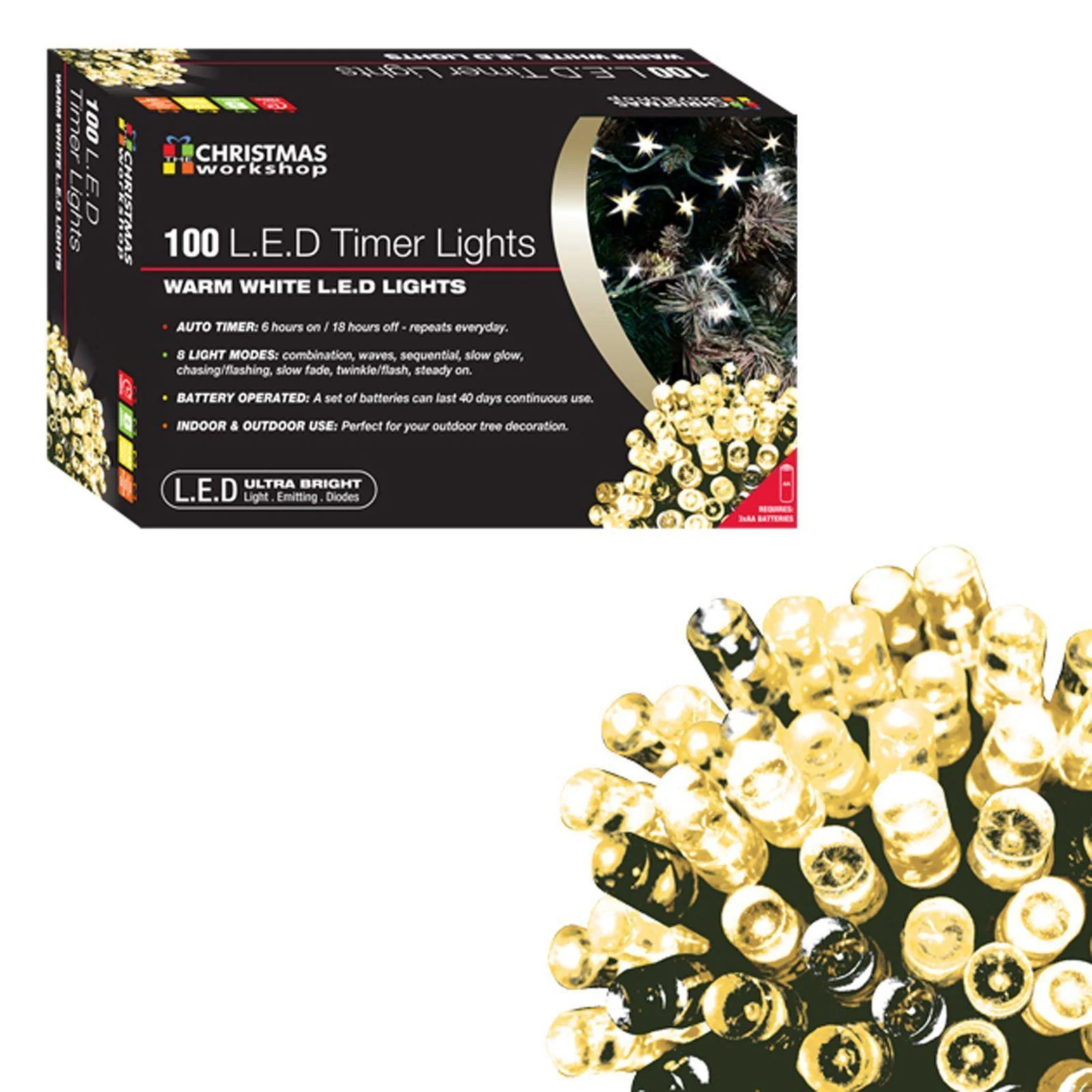 Christmas Lights Led Battery Operated Timer Warm White 100 Bulb