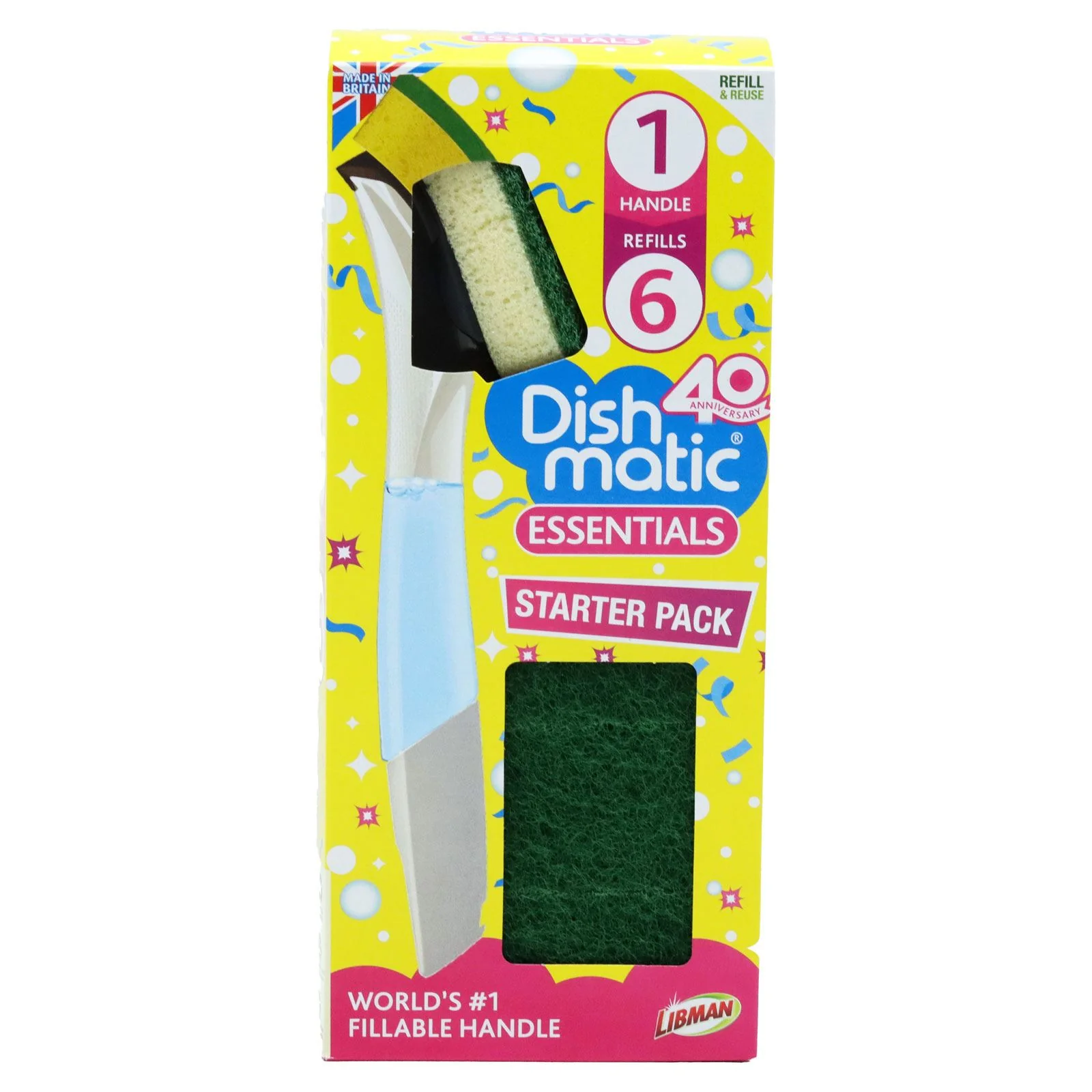 Dishmatic Bonus Pack 1 BLACK Fillable Handle and 6 Green Sponge Refills