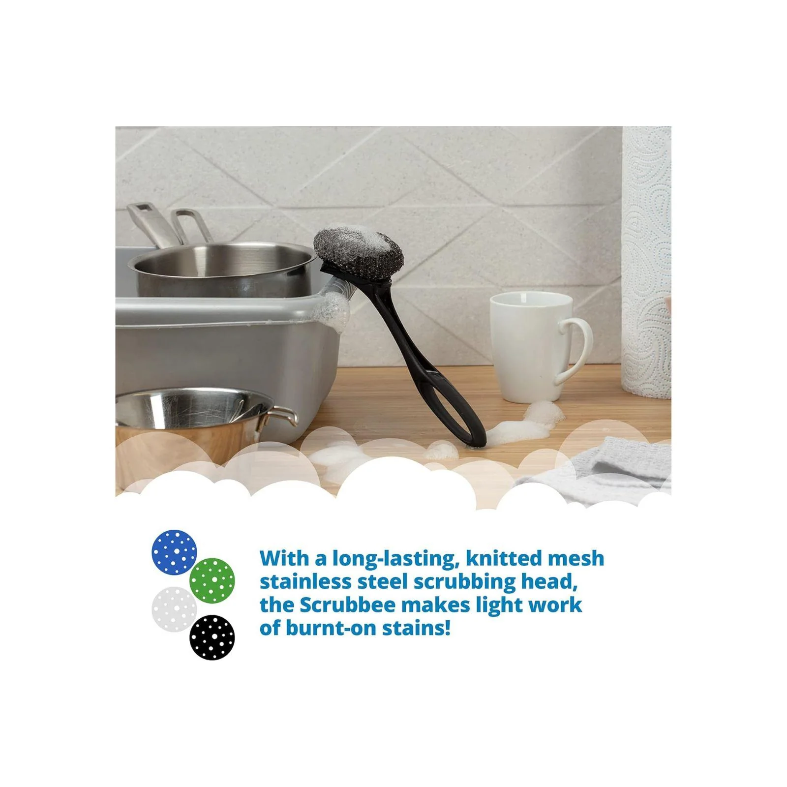 Dishmatic Scrubbee Washing-Up Stainless Steel Scourer Washing-Up Handle with Easy-Grip Handle - Image 4