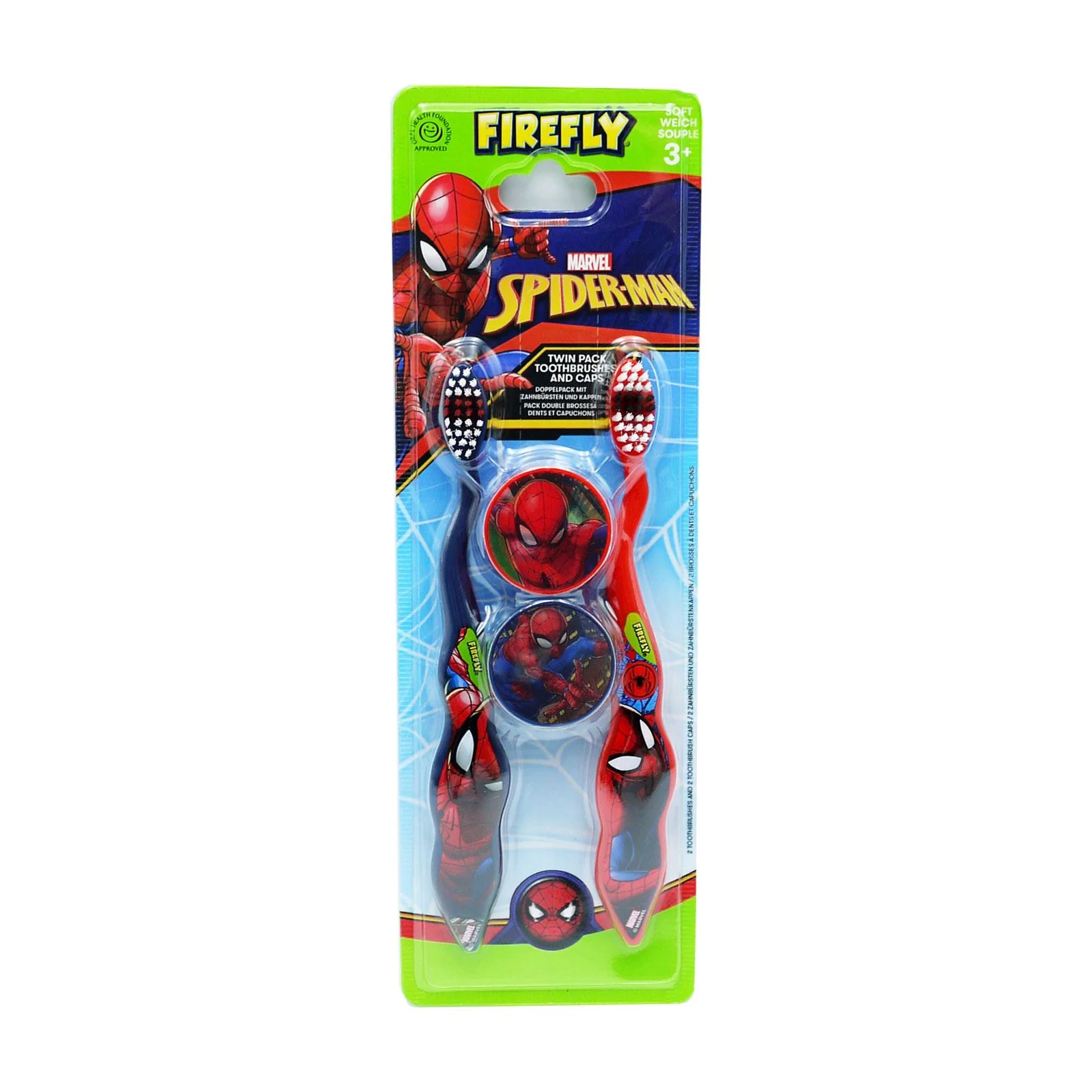 Firefly Spiderman Toothbrush Twin Pack with travel caps