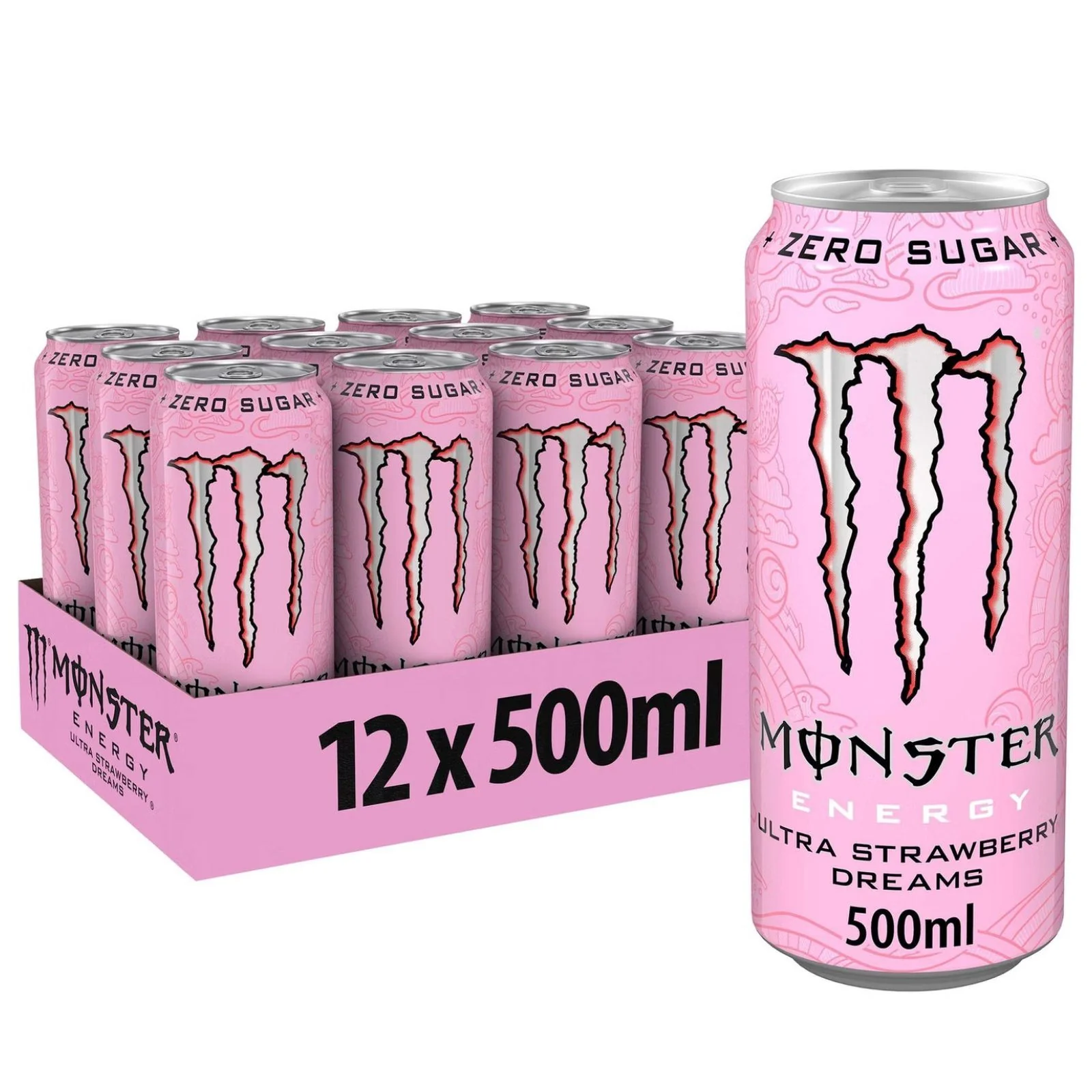Monster Ultra Strawberry Dreams Energy Drink, Zero Sugar 500ml (Box of 24)