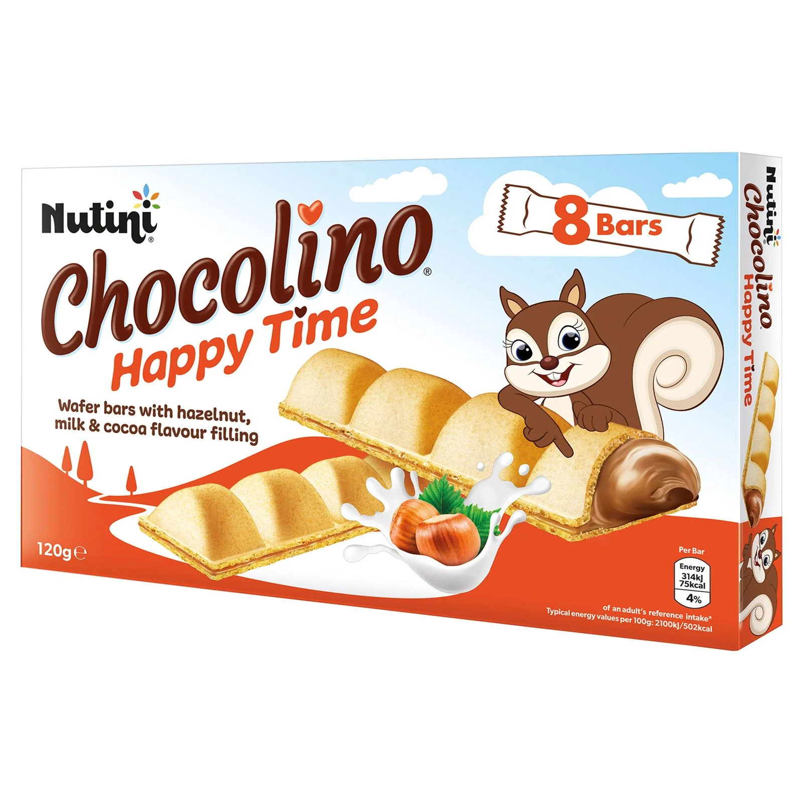 Nutini Chocolino Wafer Bars with Hazelnut & Cocoa Flavour Filling Pack of 8 120g (Box of 15)