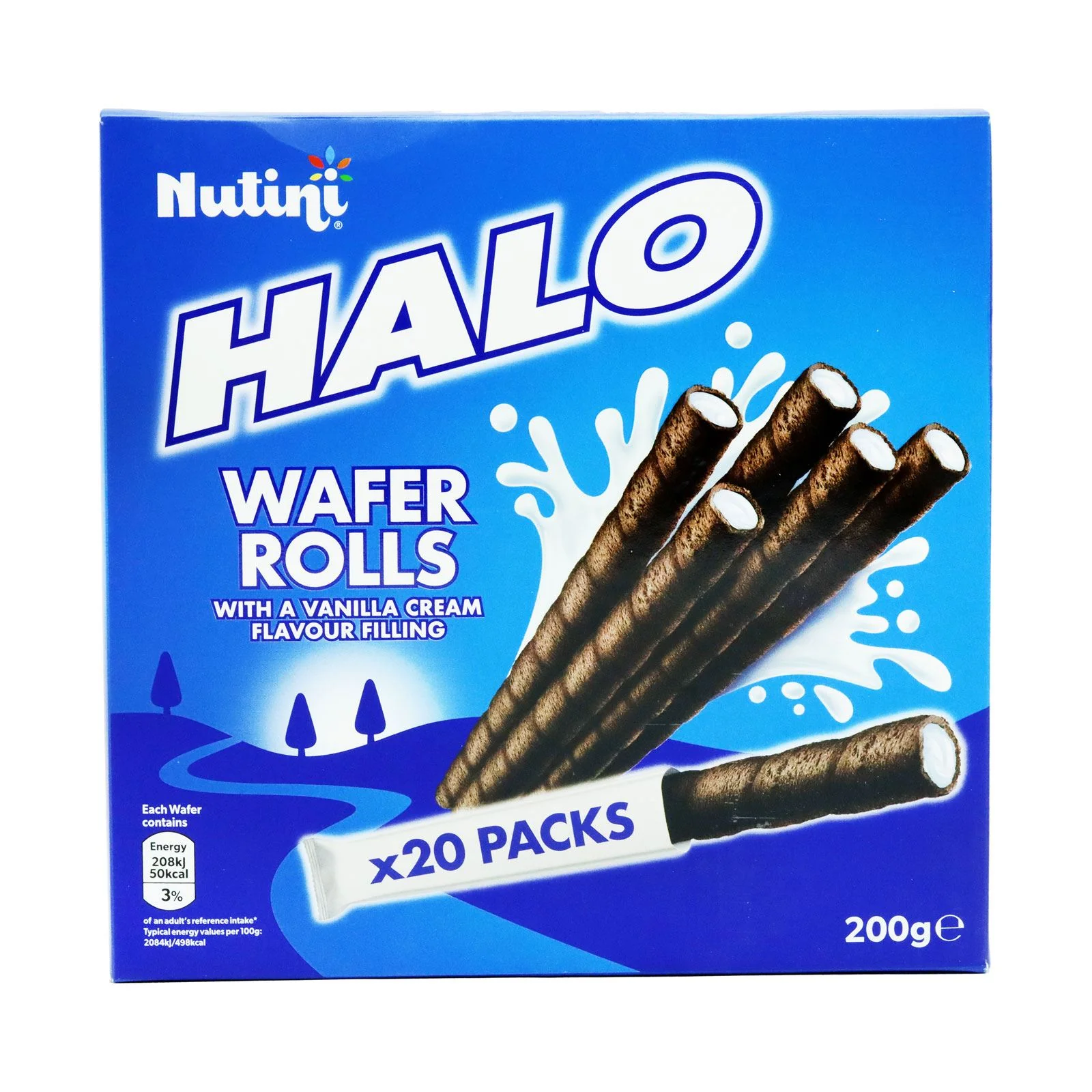 NUTINI HALO WAFER ROLLS VANILLA CREAM 20 Packs 200g (Box of 24)