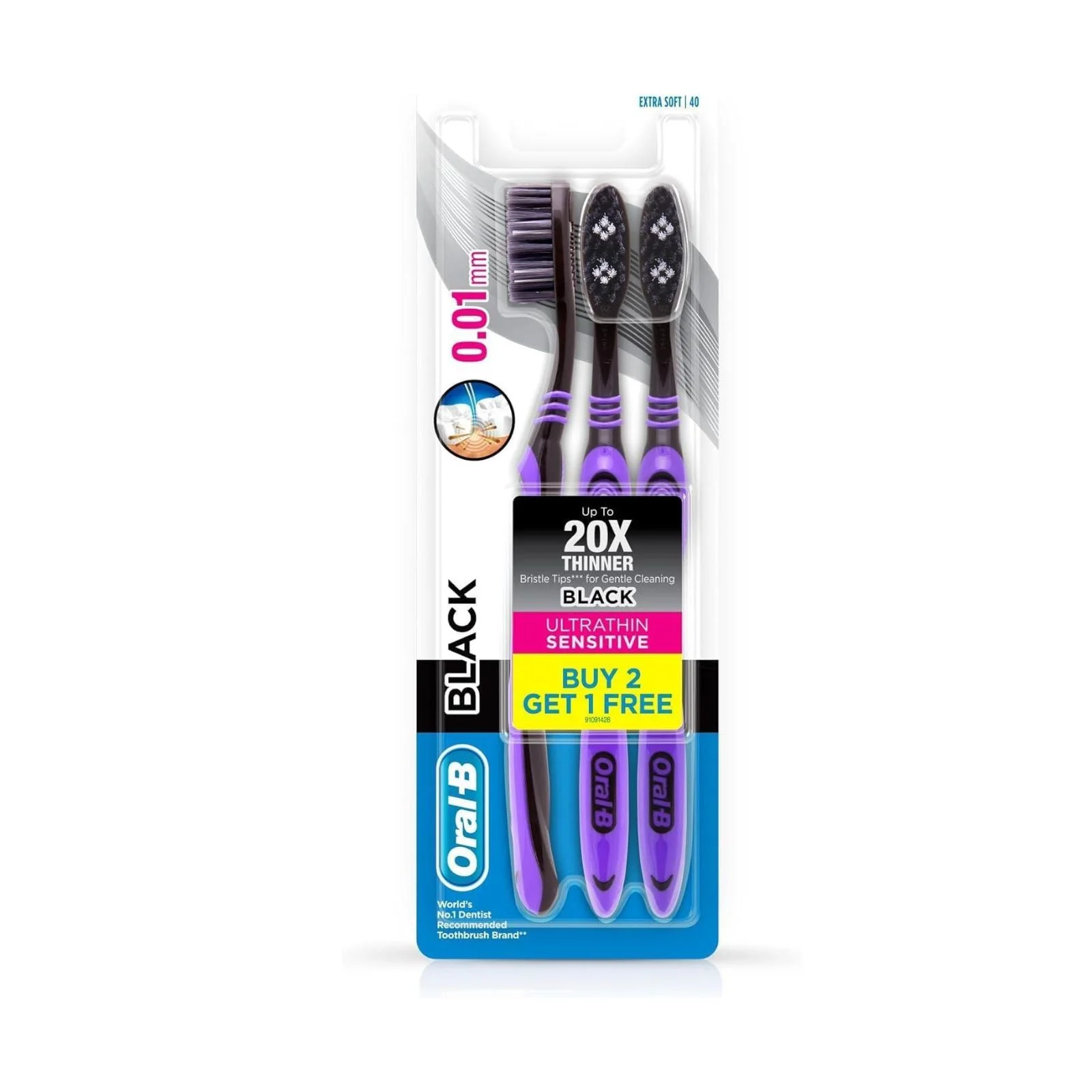 Oral-B Ultrathin Sensitive Black Manual Toothbrush Extra Soft – (Buy 2 Get 1 Free) – Multi-Colored