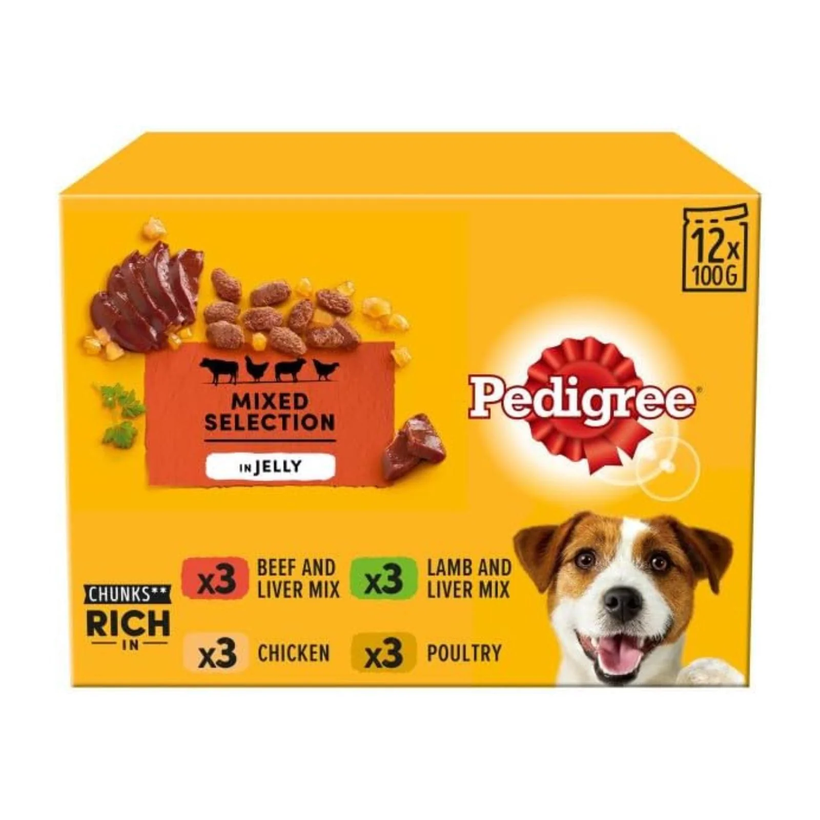 Pedigree Adult Dog Food Pouches Mixed Selection in Jelly 12 x 100g (Box of 4)