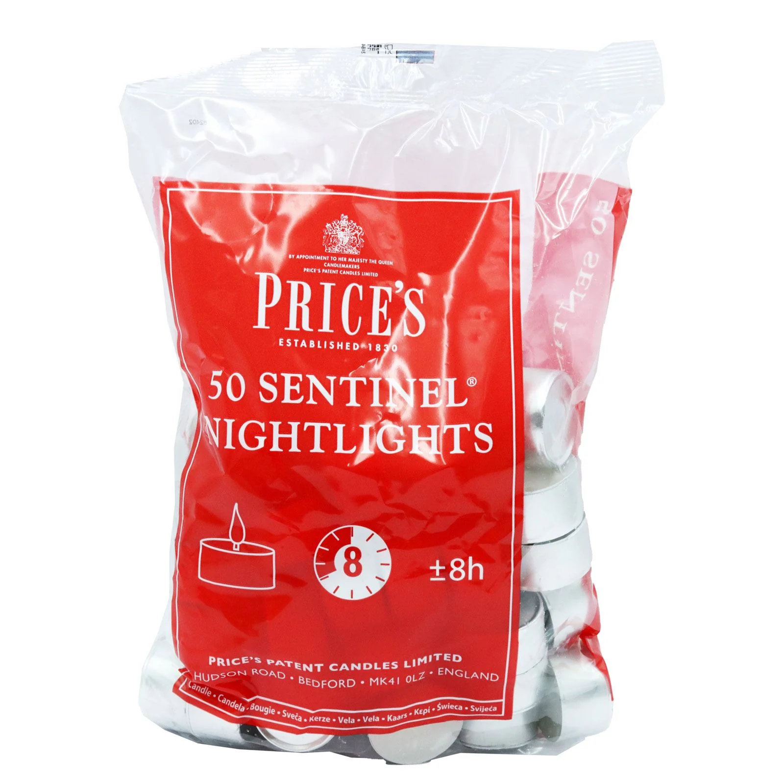Price's - Sentinel Nightlights - Long Life Tea Lights - 8 Hour Burn Time - Quality White Wax Bag of 50
