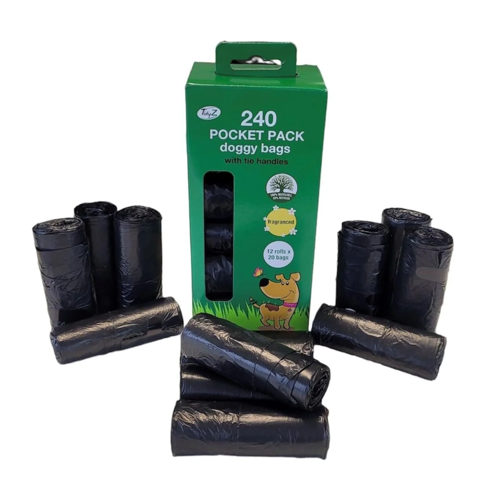 TidyZ Doggy Bags with Tie Handles, Pocket Pack,Fragranced Black (12 rolls of 20 Bags) 240 Pack
