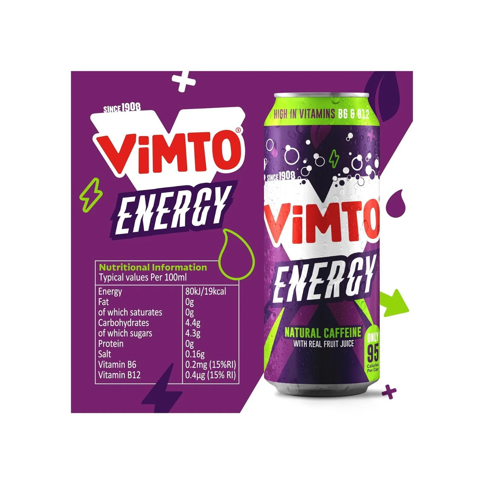 Vimto Original Real Fruit Energy Drink + Natural Caffeine + B Vitamins, Prime Energy Juice Drink Big Can 500ml (Box of 12) - Image 2